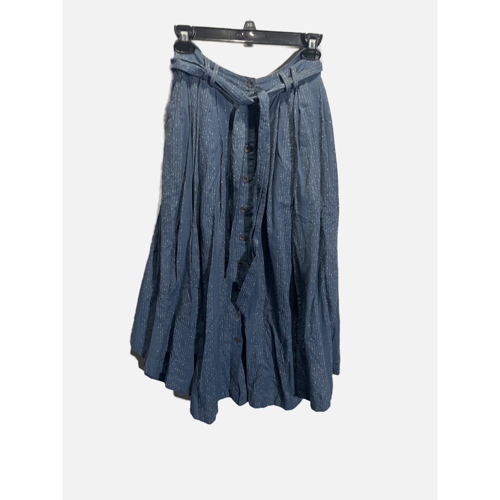 Free People Midi Skirt Womens 2 Blue Metallic Pinstripe Button Front Boho Chic